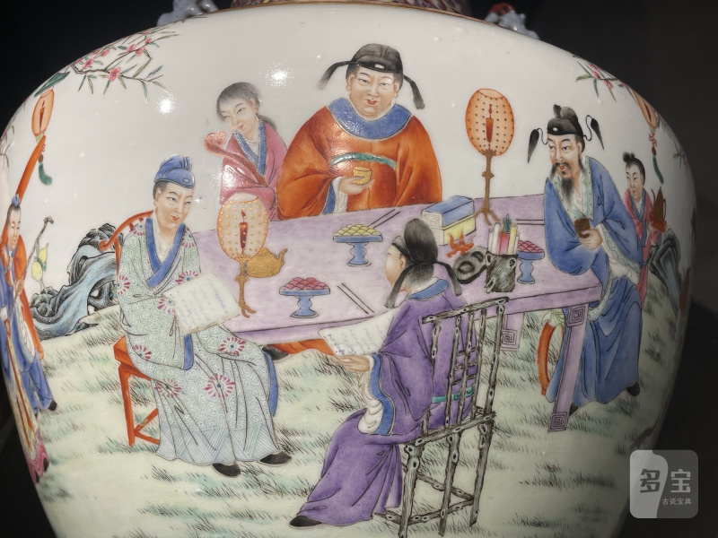 清光绪 洋彩宝相花桃村夜宴图双龙耳大尊 - 图9